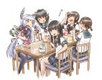  5girls :o :p ;q bangs black_gloves black_hair black_legwear blue_skirt blunt_bangs bodysuit bowl brain_freeze brown_eyes brown_hair chair cherry closed_eyes collared_shirt dress eyebrows eyebrows_visible_through_hair food fruit fubuki_(kantai_collection) gloves hair_ribbon hatsuyuki_(kantai_collection) headgear kantai_collection karasu_(naoshow357) long_hair looking_at_viewer looking_back low_ponytail low_twintails messy_hair miyuki_(kantai_collection) multiple_girls murakumo_(kantai_collection) neckerchief necktie one_eye_closed open_mouth orange_eyes pantyhose parted_bangs pleated_skirt ponytail red_necktie remodel_(kantai_collection) ribbon sailor_collar sailor_dress school_uniform serafuku shaved_ice shirayuki_(kantai_collection) shirt short_eyebrows short_hair short_ponytail short_sleeves short_twintails sidelocks silver_hair simple_background sitting skirt smile spoon table thighband_pantyhose tongue tongue_out tress_ribbon twintails white_background white_gloves 