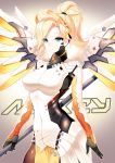  1girl blonde_hair blue_eyes bodysuit breasts gloves large_breasts light_smile long_hair mechanical_wings mercy_(overwatch) overwatch pantyhose ponytail ramune_(cherrykde) solo spread_wings staff wings 