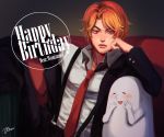  1boy blonde_hair blush chromatic_aberration couch dated dio_brando frown happy_birthday head_rest jacket jojo_no_kimyou_na_bouken male_focus necktie open_mouth red_eyes rin2010 signature sitting smile solo suspenders triangle_mouth 