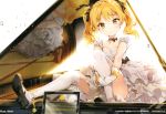  1girl absurdres anmi artist_name blonde_hair choker dress gloves hair_ribbon highres hikaru_(houkago_no_pleiades) houkago_no_pleiades instrument mary_janes piano reflection ribbon shoes solo thigh-highs twintails white_legwear yellow_eyes 