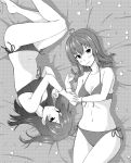  2girls ahoge arashi_(kantai_collection) bare_shoulders barefoot bikini blush front-tie_bikini front-tie_top gloves greyscale hagikaze_(kantai_collection) highres kantai_collection long_hair looking_at_viewer lying monochrome multiple_girls navel on_back on_side short_hair side-tie_bikini side_ponytail swimsuit upside-down yuuki_kazuhito 