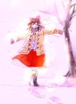 1girl blush boots breath closed_eyes coat cross-laced_footwear footprints full_body fur_boots gloves hakurei_reimu lace-up_boots no_nose open_mouth outstretched_arms smile snowing solo touhou yonu_(yonurime) 