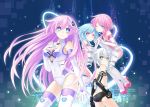  4girls absurdres bare_shoulders binary black_gloves black_sister blue_eyes blue_hair blush bodysuit breasts bright_pupils building butt_crack choujigen_game_neptune choujigen_game_neptune_mk2 drill_hair elbow_gloves emblem gloves green_eyes hair_ornament hand_holding hand_on_hip hand_on_own_chest highres interlocked_fingers long_hair looking_at_viewer looking_back multiple_girls nepgear neptune_(series) official_art one_eye_closed open_mouth pink_eyes pink_hair power_symbol purple_hair purple_sister ram_(choujigen_game_neptune) rom_(choujigen_game_neptune) siblings smile symbol-shaped_pupils thigh-highs tsunako twins uni_(choujigen_game_neptune) very_long_hair white_gloves white_hair white_sister_ram white_sister_rom 