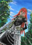  1girl armor armored_dress artist_request breasts clouds cz2128_delta dress eyepatch frills gloves green_eyes gun long_hair maid maid_headdress overlord_(maruyama) pink_hair puffy_sleeves scarf solo tree weapon 