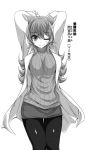  1girl ;) arms_behind_head arms_up black_legwear breasts greyscale innocent_red labcoat large_breasts long_hair long_sleeves looking_at_viewer mamiya_nanami monochrome one_eye_closed pantyhose ribbed_sweater school_nurse simple_background skirt smile solo sweater translated turtleneck turtleneck_sweater watarui white_background 