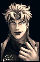  1boy black_border border dio_brando earrings fangs greyscale headband heart jewelry jojo_no_kimyou_na_bouken lipstick makeup male_focus monochrome nail_polish open_mouth ponsu_(ponzuxponzu) scar sepia signature smile solo turtleneck upper_body 