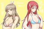  2girls bikini breasts brown_eyes brown_hair cordelia_(fire_emblem) cute embarrassed fire_emblem fire_emblem:_kakusei fire_emblem_awakening fire_emblem_heroes intelligent_systems long_hair multiple_girls nintendo red_eyes redhead small_breasts sumia summer swimsuit swimsuit_aside very_long_hair 