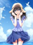  1girl bird black_hair blue_eyes blurry blush breasts clouds cloudy_sky depth_of_field hairband hat idolmaster idolmaster_cinderella_girls lens_flare light_rays long_hair looking_at_viewer oga_raito open_mouth sagisawa_fumika sky solo sun_hat 