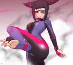  1girl barefoot biker_clothes bikesuit black_hair breasts drill_hair eyepatch feet fingerless_gloves gloves han_juri kuroonehalf leg_up looking_at_viewer nail_polish no_shoes rain smile soles solo street_fighter street_fighter_v toeless_legwear toenail_polish toes twin_drills violet_eyes wet 