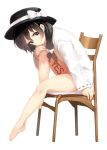  1girl bare_legs barefoot black_hair black_hat blush body_writing bottomless bow brown_eyes chair commentary_request hair_bow hat hat_bow highres hota leg_hug long_sleeves looking_at_viewer no_pants ribbon-trimmed_sleeves ribbon_trim shirt short_hair sitting smile solo touhou usami_renko white_background white_shirt yes 