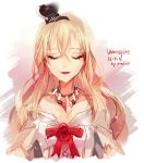  1girl 2016 artist_name bangs bare_shoulders blonde_hair character_name closed_eyes corset crown dated dress flower hair_between_eyes hairband heart heart_necklace highres jewelry kantai_collection long_hair mini_crown necklace off_shoulder open_mouth predict red_ribbon red_rose ribbon rose smile solo upper_body warspite_(kantai_collection) white_dress 