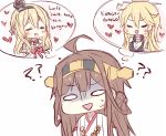  3girls ?? ahoge blonde_hair blush brown_hair closed_eyes crown headband heart iowa_(kantai_collection) japanese_clothes kantai_collection kongou_(kantai_collection) kvlen miko multiple_girls nontraditional_miko simple_background thought_bubble turn_pale warspite_(kantai_collection) yuri 