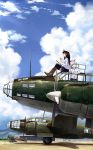  2girls a6m_zero aircraft airplane black_legwear black_skirt blue_sky boots chin_rest clipboard clouds commentary_request day female_abyssal_admiral_(kantai_collection) female_admiral_(kantai_collection) g4m hair_ribbon hat highres j2m_raiden kantai_collection long_hair long_sleeves military military_uniform mitsubishi_g4m mitsubishi_j2m mountain multiple_girls naval_uniform neko_(yanshoujie) notepad outdoors peaked_cap pen ponytail ribbon silver_hair sitting skirt sky smile thigh-highs uniform yellow_eyes 