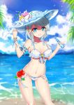  1girl beach bikini blue_eyes blush bottle breasts flower hair_ornament hat hibiscus highres isy looking_at_viewer love_live! love_live!_sunshine!! navel open_mouth ramune short_hair silver_hair smile solo standing sun_hat swimsuit watanabe_you 