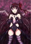  1girl akemi_homura akuma_homura argyle argyle_legwear bangs bare_shoulders black_dress black_gloves black_hair black_wings bow choker dress elbow_gloves evil_smile feathered_wings gloves hair_bow hairband highres long_hair looking_at_viewer mahou_shoujo_madoka_magica mahou_shoujo_madoka_magica_movie no_panties smile solo soul_gem spoilers standing violet_eyes wanyan_aguda wings 