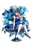  1girl blue_eyes blue_hair bow bowtie breasts cirno danmaku detached_collar dress elbow_gloves flower formal gloves hair_bow high_heels highres ice ice_shoes ice_wings karlwolf looking_at_viewer medium_breasts older pantyhose sash shaded_face short_hair sitting smile solo throne touhou white_legwear wings 