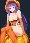  1girl bangs bare_shoulders blunt_bangs blush breasts bustier cowboy_shot crescent elbow_gloves gloves halloween halloween_costume happy_halloween hat ishimiso_(ishimura) jack-o&#039;-lantern large_breasts legs long_hair long_legs orange_legwear over-kneehighs patchouli_knowledge pumpkin purple_hair simple_background sitting solo thick_thighs thigh-highs thighs touhou violet_eyes 