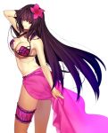  1girl adjusting_hair ass bikini breasts cleavage fate/grand_order fate_(series) flower hair_flower hair_ornament highres large_breasts leg_garter long_hair looking_at_viewer purple_hair red_eyes sarong scathach_(fate/grand_order) scathach_(swimsuit_assassin)_(fate) sen_(77nuvola) solo swimsuit very_long_hair 
