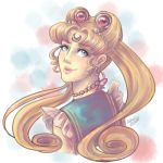  1girl artist_request bangs bishoujo_senshi_sailor_moon blonde_hair blue_eyes earrings facial_mark forehead_mark long_hair necklace over_shoulder sailor_collar sailor_moon smile solo source_request tsukino_usagi victory_rolls 