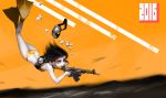  1girl 2016 ass assault_rifle bikini brown_eyes brown_hair bubble butt_crack diving_mask female flippers full_body gun holding holding_gun holding_weapon machine_gun mamushi number orange_background original oxygen_tank rifle scuba solo swimsuit underwater weapon weapon_request yellow_bikini 