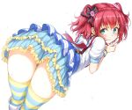 1girl absurdres ass bangs bent_over blush cowboy_shot earrings flower frilled_skirt frills from_behind green_eyes hair_flower hair_ornament hair_ribbon highres jewelry kurosawa_ruby kyokucho leaning_forward long_hair looking_at_viewer looking_back love_live! love_live!_school_idol_project love_live!_sunshine!! miniskirt redhead ribbon school_uniform serafuku skirt smile solo striped striped_legwear sweat thigh-highs twintails two_side_up upskirt wristband zettai_ryouiki