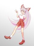  1girl alison_(alison_air_lines) alternate_costume bare_legs bow fujiwara_no_mokou full_body hair_bow hand_in_pocket highres nike open_mouth red_eyes shoes shorts sneakers solo touhou v white_hair 