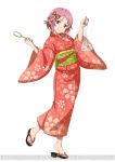  1girl feet fish hair_ornament japanese_clothes kimono lisbeth lisbeth_(sao-alo) looking_at_viewer pink_hair pointy_ears red_eyes sash short_hair simple_background smile solo sword_art_online sword_art_online:_code_register toes watermark white_background yukata 