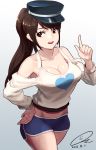  1girl absurdres bare_shoulders breasts brown_eyes brown_hair cleavage gradient gradient_background hat highres large_breasts long_hair medium_breasts midriff open_mouth original oz_(gerbera7) ponytail short_shorts shorts simple_background smile solo tank_top white_background 