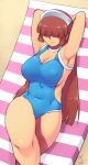  1girl armpits arms_up beach breasts brown_hair covered_navel dated fujiyama_shizuka gaiking gaiking:_legend_of_daikuu_maryuu large_breasts long_hair lying on_back sideboob smile solo thick_thighs thighs tsukudani_(coke-buta) 