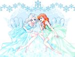  2girls alternate_costume alternate_hairstyle anna_(frozen) blonde_hair chair dress elsa_(frozen) frozen_(disney) hair_down multiple_girls orange_hair siblings sisters sitting smile tsuntsun_(tuuuuuuntun) 