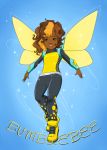  1girl brown_eyes brown_hair bumble_bee character_name dark_skin dc_comics full_body honeycomb_pattern insect_wings karen_beecher long_sleeves smile solo two-tone_hair vambraces wings yellow_shoes 