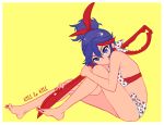  1girl barefoot bikini black_hair copyright_name earrings feet female full_body jewelry kill_la_kill looking_at_viewer matoi_ryuuko nail_polish red_streak redhead sako scissor_blade sitting solo 