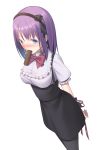  1girl arms_behind_back blue_eyes blush bound bound_wrists breasts chiiio cowboy_shot dagashi_kashi dutch_angle erect_nipples food_request hairband high-waist_skirt large_breasts long_hair looking_at_viewer mouth_hold pantyhose purple_hair shidare_hotaru solo standing underbust virgin_killer_outfit 