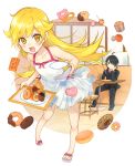  1boy 1girl :d absurdres ahoge araragi_koyomi bakemonogatari bare_shoulders black_hair blonde_hair blush cake doughnut dress eyebrows eyebrows_visible_through_hair fang food highres kakizato long_hair monogatari_(series) open_mouth oshino_shinobu restaurant sandals sitting smile tongs tray white_dress yellow_eyes 