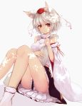  1girl animal_ears bare_shoulders black_skirt breasts detached_sleeves hat homo_1121 inubashiri_momiji knees_together_feet_apart knees_up looking_at_viewer medium_breasts pom_pom_(clothes) red_eyes shirt short_hair simple_background sitting skirt smile socks solo tokin_hat touhou upskirt white_background white_hair white_legwear white_shirt wide_sleeves wolf_ears 