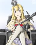  1girl admiral_paru blonde_hair blue_eyes crown dress kantai_collection legs_crossed long_hair mini_crown orb poorly_drawn scepter sitting smile smug solo thigh-highs throne warspite_(kantai_collection) 