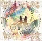  1boy 1girl abstract abstract_background bicycle bicycle_basket from_side gears harada_miyuki leaves long_hair plant profile riding shadow short_hair silhouette skirt wheels 