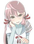  1girl akashi_(kantai_collection) alternate_eye_color armor blush brown_eyes commentary_request hair_ribbon kantai_collection long_hair long_sleeves looking_at_viewer masupa_kiriu open_mouth pink_hair ribbon school_uniform serafuku short_sleeves shoulder_pads simple_background solo teeth tress_ribbon twintails white_background 