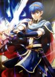 1boy armor blue_eyes blue_hair cape fingerless_gloves fire_emblem fire_emblem:_mystery_of_the_emblem fire_emblem_cipher gloves glowing glowing_weapon highres holding holding_weapon jewelry looking_at_viewer marth serious short_sleeves solo sword tiara weapon 