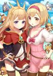  6+girls anila_(granblue_fantasy) blonde_hair bow brown_legwear cagliostro_(granblue_fantasy) cape chibi clarisse_(granblue_fantasy) clouds crown danua djeeta_(granblue_fantasy) ferry_(granblue_fantasy) fighter_(granblue_fantasy) frills granblue_fantasy hairband hand_on_hip long_hair looking_at_viewer lyria_(granblue_fantasy) multiple_girls patori short_hair smile thigh-highs vampy violet_eyes vira 