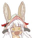  1girl animal_ears bunny_girl gyate_gyate hat made_in_abyss nanachi_(made_in_abyss) rabbit_ears smile tears teeth white_hair yellow_eyes 