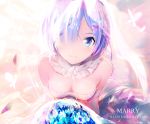  1girl artist_name blue_eyes blue_flower blue_hair blush bouquet breasts butterfly clare_(543) cleavage closed_mouth confetti detached_collar dress flower from_above hair_ornament hair_over_one_eye hair_ribbon happy highres looking_at_viewer medium_breasts one_eye_covered pink_ribbon re:zero_kara_hajimeru_isekai_seikatsu rem_(re:zero) ribbon see-through shade shiny shiny_skin short_hair silhouette smile solo strapless strapless_dress veil wedding_dress white_dress x_hair_ornament 