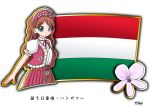  1girl brown_hair european_clothes flag green_eyes hungarian_flag hungary long_hair murakami_senami tulip 