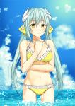  1girl aqua_hair bikini blush breasts cleavage fate/grand_order fate_(series) frilled_bikini frills hair_ribbon hand_on_own_chest horns kiyohime_(fate/grand_order) kiyohime_(swimsuit_lancer)_(fate) long_hair looking_at_viewer midriff mugipot navel ocean partially_submerged ribbon smile solo standing swimsuit twintails water yellow_bikini yellow_eyes 