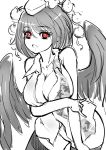  1girl bare_shoulders breasts cleavage hat large_breasts looking_at_viewer monochrome no_nose open_mouth raptor7 red_eyes shameimaru_aya short_hair solo spot_color standing touhou upper_body wings 