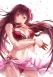  1girl bikini bracelet breasts cleavage cowboy_shot fate/grand_order fate_(series) flower grin hair_flower hair_ornament huamuan_huamuan jewelry knife large_breasts long_hair looking_at_viewer purple_hair red_eyes sarong scathach_(fate/grand_order) scathach_(swimsuit_assassin)_(fate) smile solo swimsuit throwing_knife very_long_hair 