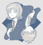  2boys adjusting_clothes adjusting_necktie ahoge blue_background dangan_ronpa dangan_ronpa_3 diamond_(shape) formal mitarai_ryouta monochrome multiple_boys naegi_makoto necktie saita794 short_hair simple_background suit tired upper_body upside-down 