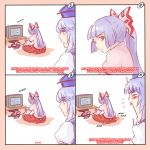  ... 2girls 4koma blush comic english flying_sweatdrops fujiwara_no_mokou game_console highres kamishirasawa_keine motion_lines multiple_girls open_mouth playing_games profanity red_eyes sitting television touhou touhou_(game) video_game yoruny 