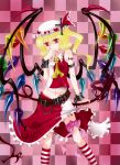  1girl adapted_costume bare_shoulders blonde_hair chains flandre_scarlet hat highres laevatein mob_cap nail_polish navel raptor7 red_eyes red_nails side_ponytail solo striped striped_legwear thigh-highs touhou wrist_cuffs 