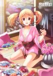  1girl blonde_hair breasts chopsticks cleavage collarbone cup erect_nipples fish food full_body giving highres holding holding_food indoors japanese_clothes kimono looking_at_viewer obi on_floor open_mouth original pillow pink_kimono plate sash short_kimono short_twintails sitting smile solo tanchamh tray twintails violet_eyes wooden_floor 